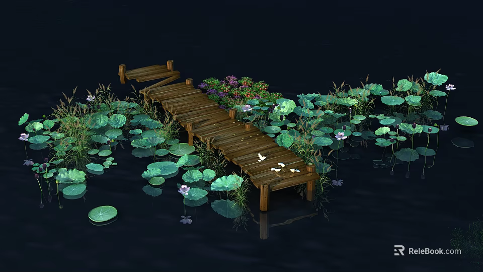 Serene Water Scene With Wooden Bridge Lotus Leaves Purple Flowers And Birds 3d model 