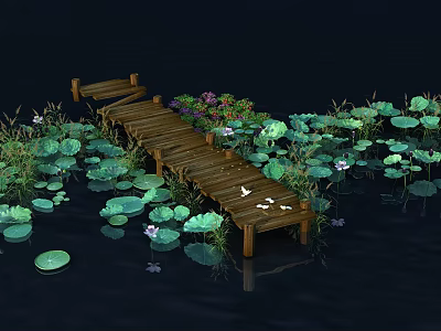 Serene Water Scene With Wooden Bridge Lotus Leaves Purple Flowers And Birds 3d model
