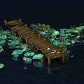 Serene Water Scene With Wooden Bridge Lotus Leaves Purple Flowers And Birds