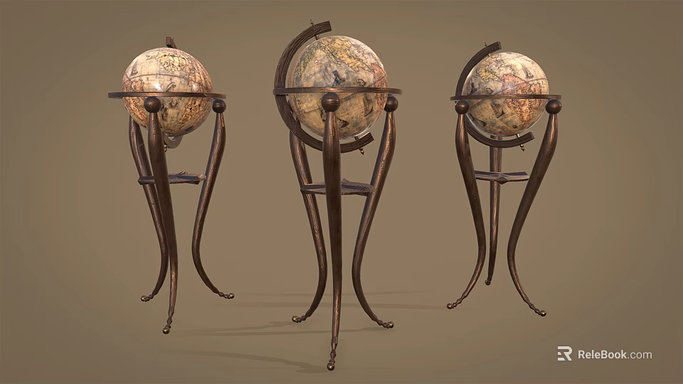 Vintage Globe Decorative Ornament Set with Wooden Stand for Home Decor 3d model 
