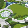 Residential Landscape With Circular Lawn Winding Paths Water Features And Lush Greenery