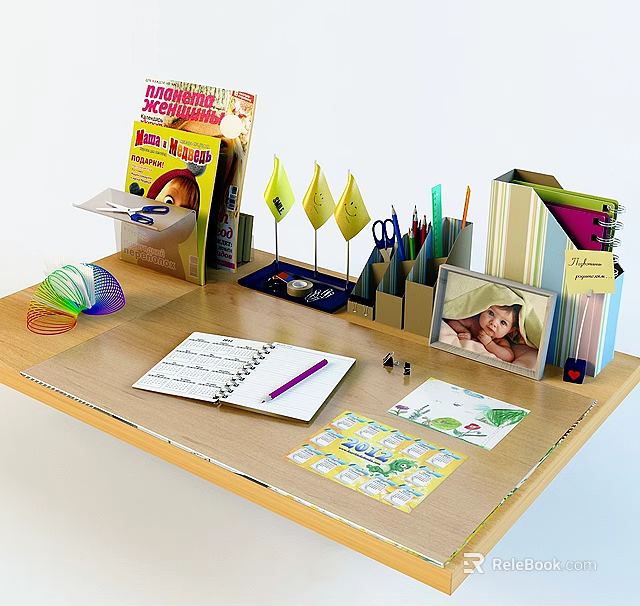 Organized Desk Setup With Magazines Yellow Flags Colorful Pens Notebook And Photo Frame 3d model 