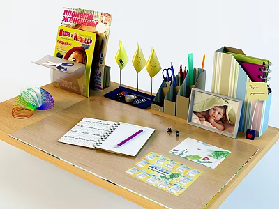 Organized Desk Setup With Magazines Yellow Flags Colorful Pens Notebook And Photo Frame 3d model