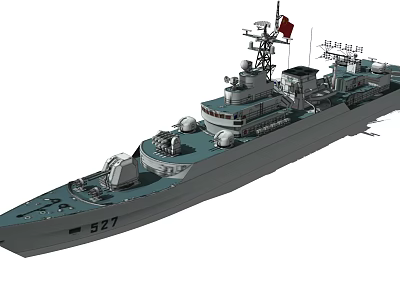 Military Warship 527 With Radar Antennas Red Flag And Weapon Systems 3d model