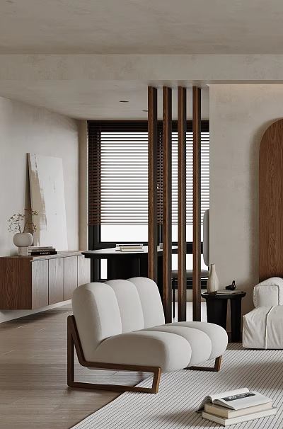 Modern Minimalist Interior With White Fabric Accent Chair Wooden Blinds And Console Table 3d model