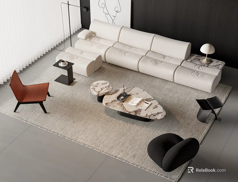 Modern White Sofa and Marble Coffee Table Set with Accent Chairs and Rug 3d model 