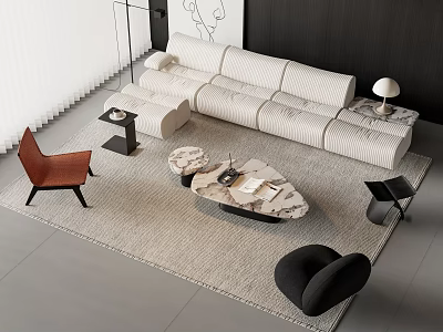 Modern White Sofa and Marble Coffee Table Set with Accent Chairs and Rug 3d model