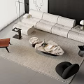 Modern White Sofa and Marble Coffee Table Set with Accent Chairs and Rug