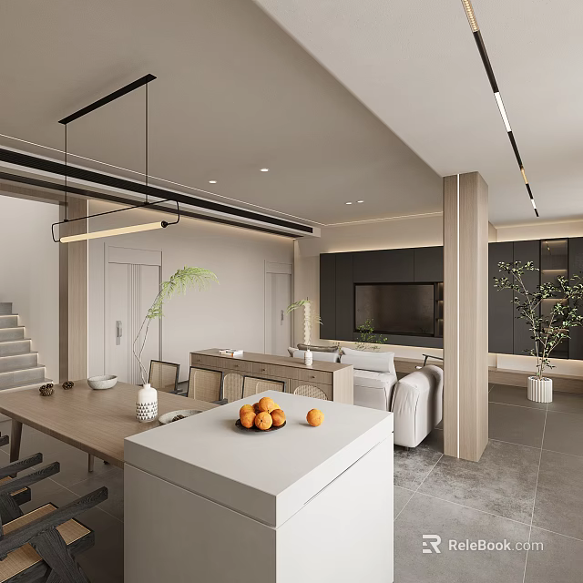 Modern Living And Dining Room Interior With Open Layout Dining Table Sofa And Pendant Lights 3d model