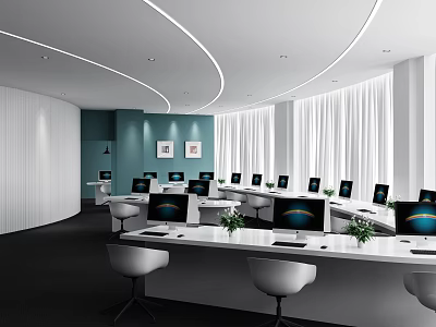 Bright Public Office Space With Multiple Computers White Chairs Natural Light From Windows And Plants 3d model