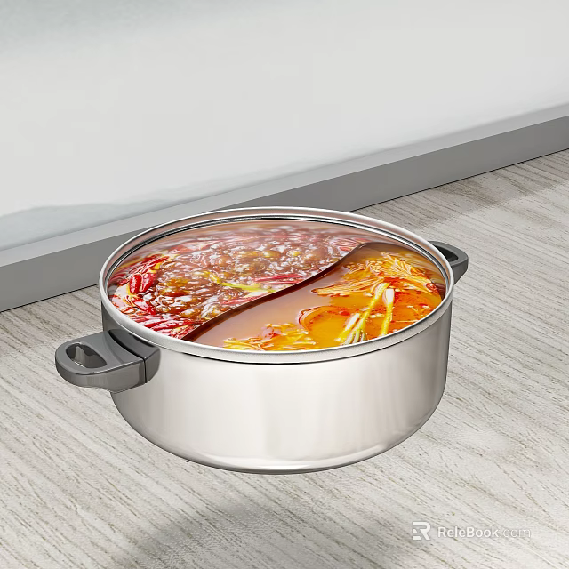 Hotpot Restaurant Featuring Two Flavor Broth with Chili and Ginger in Stainless Steel Pot 3d model 