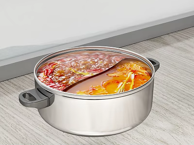 Hotpot Restaurant Featuring Two Flavor Broth with Chili and Ginger in Stainless Steel Pot 3d model