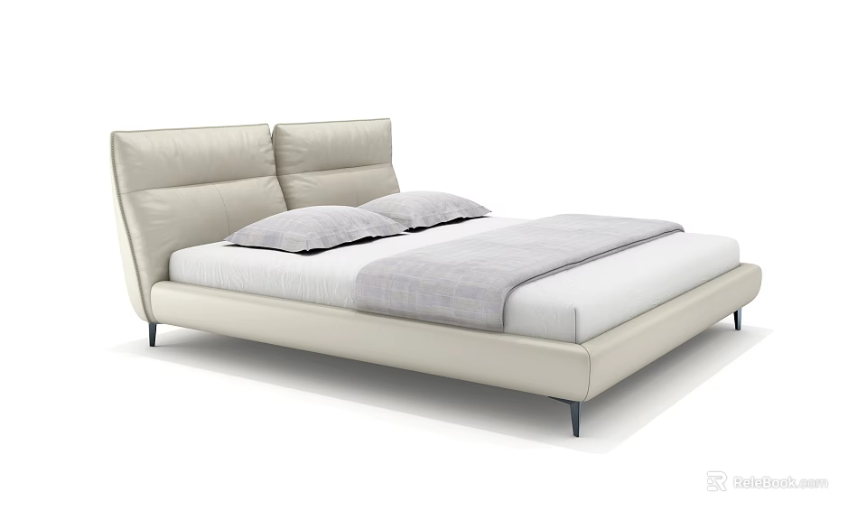 Elegant Modern Beige Leather Double Bed With Upholstered Headboard And Bed Linens 3d model