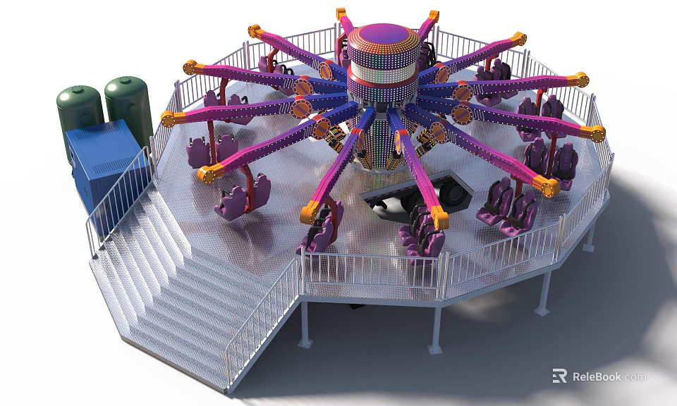 Vibrant Amusement Ride With Spinning Arms Passenger Seats Staircase And Safety Railing 3d model 
