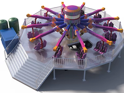 Vibrant Amusement Ride With Spinning Arms Passenger Seats Staircase And Safety Railing 3d model
