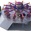 Vibrant Amusement Ride With Spinning Arms Passenger Seats Staircase And Safety Railing