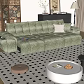 Green Velvet Sectional Sofa With White Cushion And Floral Screen In Living Room