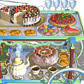 Assorted Cakes Fresh Fruits And Drinks On Decorative Dessert Carts
