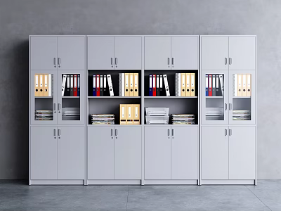 Gray Modern Bookcase with Glass Doors Closed Cabinets Folders Books and Drawers 3d model