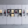 Gray Modern Bookcase with Glass Doors Closed Cabinets Folders Books and Drawers
