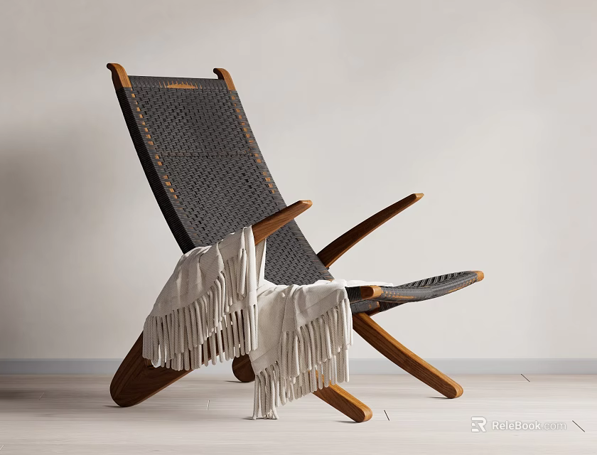 Modern Lounge Chair With Woven Design Wooden Frame And Cozy Blanket In Living Space 3d model 