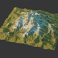 3D Landscape Model of Mountain Terrain with Green Vegetation and White Snow Capped Peaks