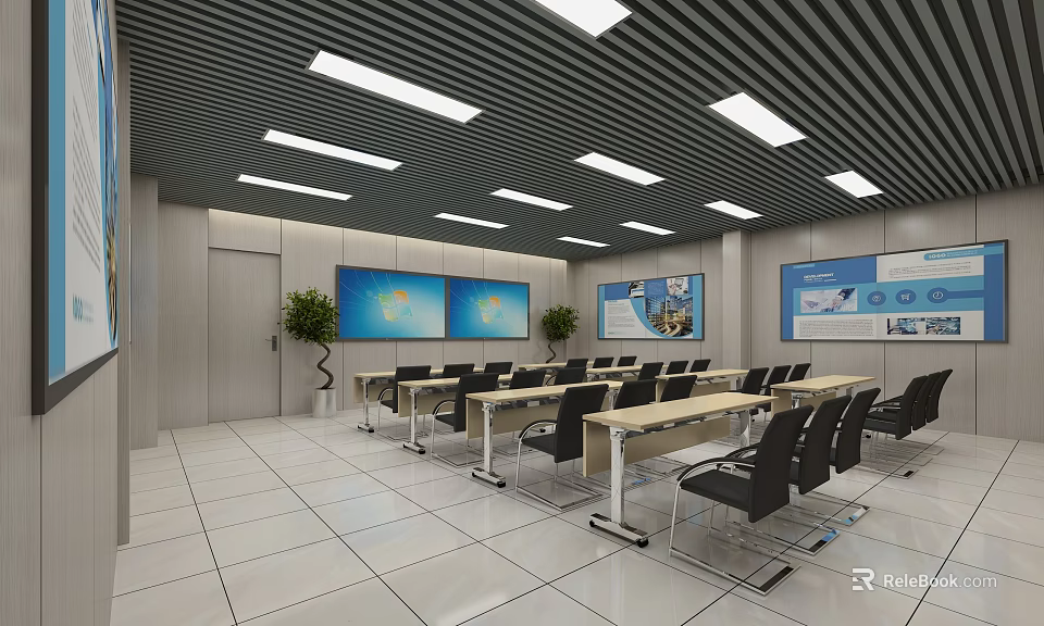 Modern Conference Room With Long Tables Black Chairs Large Screens And Green Plants 3d model 