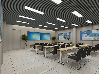 Modern Conference Room With Long Tables Black Chairs Large Screens And Green Plants 3d model