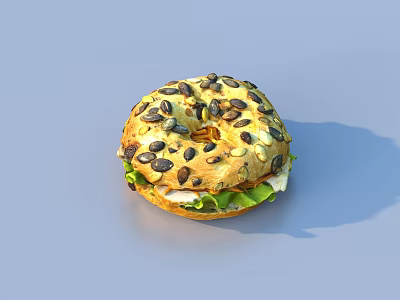 Tasty Bagel Sandwich With Pumpkin Seeds Sunflower Seeds Lettuce And Chicken 3d model