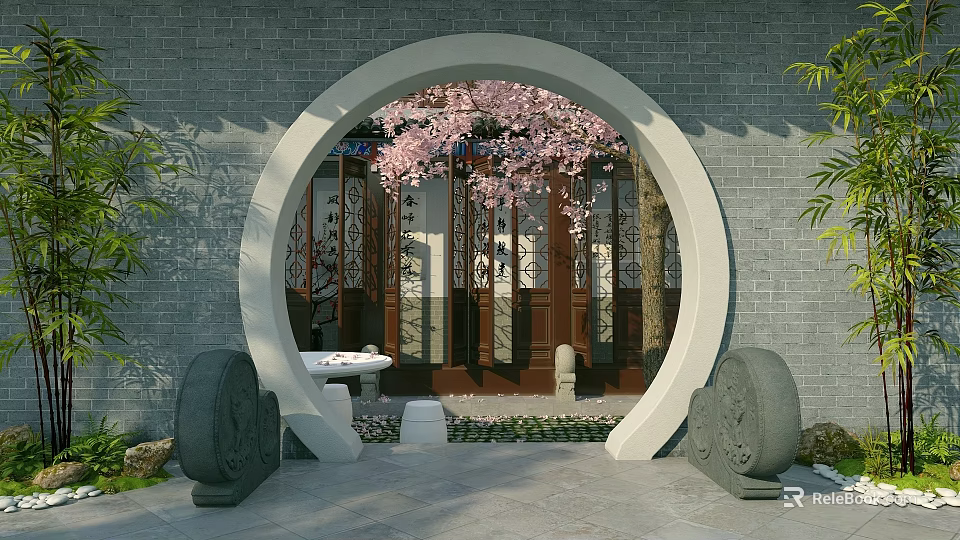 Chinese Courtyard Garden With Circular Archway Gray Brick Wall Pink Cherry Blossoms And Carved Door 3d model 