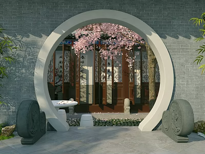 Chinese Courtyard Garden With Circular Archway Gray Brick Wall Pink Cherry Blossoms And Carved Door 3d model