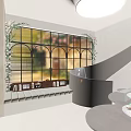 Elegant Shop Window With Arched Glass Panels And Floral Decorations Near Staircase
