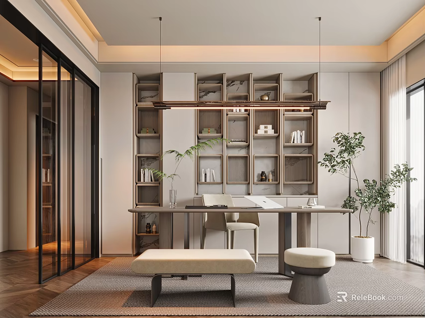 Modern Study Room Interior Design With Open Bookshelves Desk Chair And Green Plants 3d model 