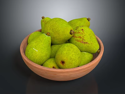 Fresh Green Pears In Wooden Bowl On Dark Background 3d model