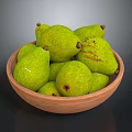 Fresh Green Pears In Wooden Bowl On Dark Background
