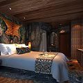Hotel Guest Room With Wooden Ceiling Stone Walls Jungle Mural White Pillows And Table Lamps