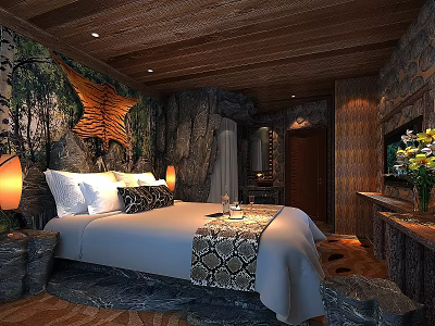 Hotel Guest Room With Wooden Ceiling Stone Walls Jungle Mural White Pillows And Table Lamps 3d model