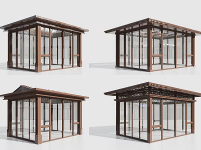 Modern Outdoor Glass Pavilions With Wooden Frames Transparent Walls Four Angles 3d model