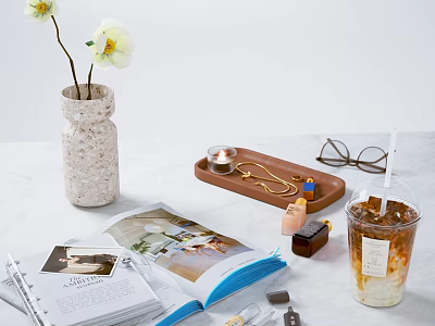 Decorative Ornament Set with Ceramic Vase Wooden Tray Glasses Books and Candle for Tabletop 3d model