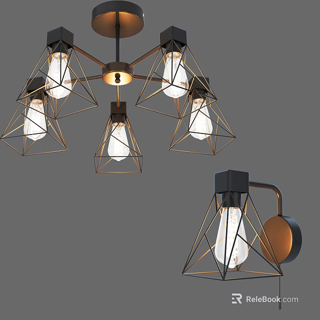 Modern Geometric Lighting Combinations With Metal Frame Ceiling Lights And Wall Lamp 3d model