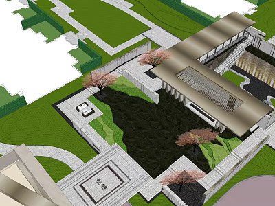 Serene Garden Landscape With Green Lawns Stone Pathways Cherry Blossom Trees And Modern Building 3d model