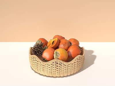 Household Wicker Basket Filled with Ripe Persimmons and Pine Cones 3d model