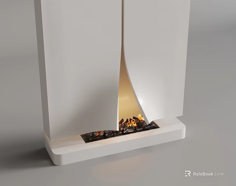 Modern White Fireplace Design With Burning Flames And Decorative Interior Elements 3d model