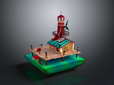 Scenic Waterfront View of Lighthouse with Small Cabin on Wooden Platform Over Green Water 3d model