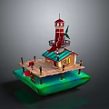Scenic Waterfront View of Lighthouse with Small Cabin on Wooden Platform Over Green Water