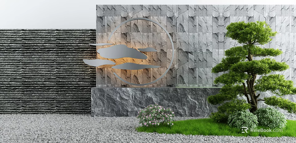 Garden Ornament Featuring Stone Wall Circular Metal Decor Cloud Shaped Pieces Green Plants and Grass 3d model 