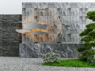 Garden Ornament Featuring Stone Wall Circular Metal Decor Cloud Shaped Pieces Green Plants and Grass 3d model