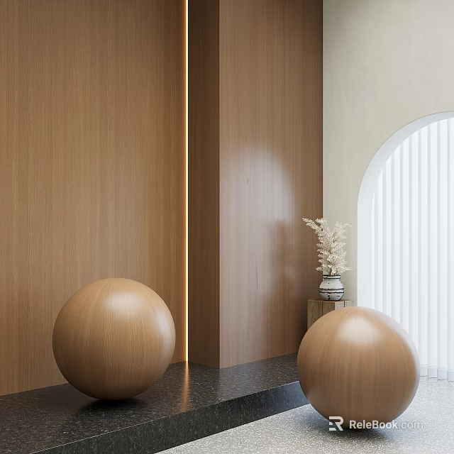 Modern Interior Space With Wooden Walls Lighting Strip Decorative Spheres And Arched Doorway 3d model 