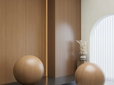 Modern Interior Space With Wooden Walls Lighting Strip Decorative Spheres And Arched Doorway 3d model