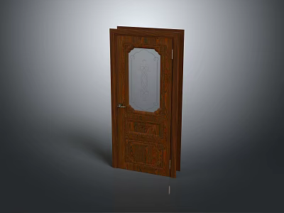 Wooden Swing Door With Glass Panel And Carved Design For Home Interior 3d model